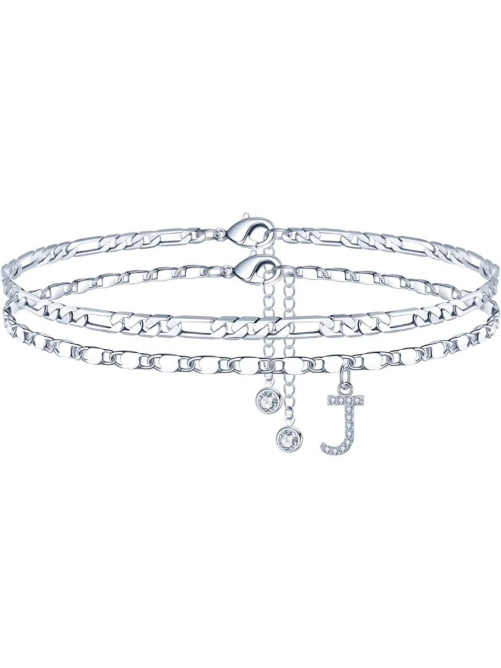 Dainty Layered Ankle Bracelets for Women, 14K Gold-Plated CZ Initial Anklets Set